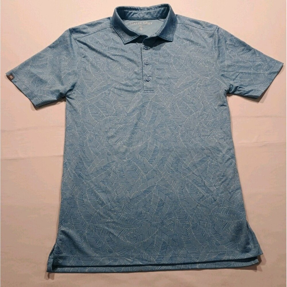 Matte Grey Huas Of Grey All Over Leaf Print Golf Polo Shirt Mens S Blue